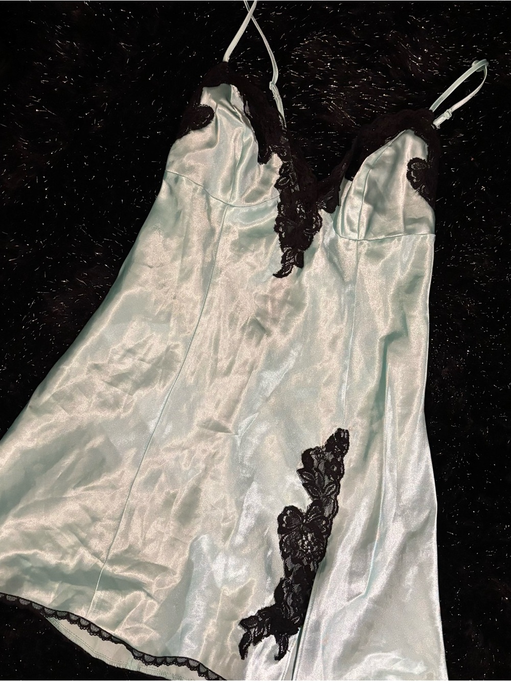 Frederick's of Hollywood Mint Satin Chemise with Black Lace
